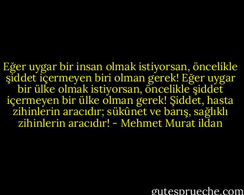 Eğer uygar bir insan olmak istiyorsan, öncelikle şiddet içermeyen biri olman gerek! Eğer uygar bir ülke olmak istiyorsan, öncelikle şiddet içermeyen bir ülke olman gerek! Şiddet, hasta zihinlerin aracıdır; sükûnet ve barış, sağlıklı zihinlerin aracıdır! - Mehmet Murat ildan