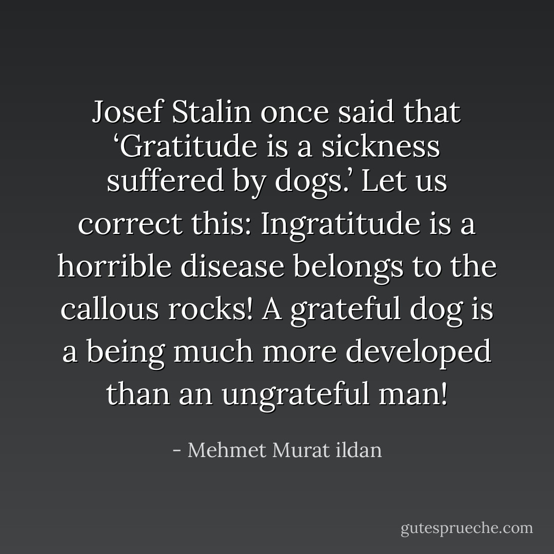 Josef Stalin once said that ‘Gratitude is a sickness suffered by dogs.’ Let us correct this: Ingratitude is a horrible disease belongs to the callous rocks! A grateful dog is a being much more developed than an ungrateful man! - Mehmet Murat ildan