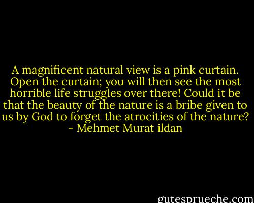 A magnificent natural view is a pink curtain. Open the curtain; you will then see the most horrible life struggles over there! Could it be that the beauty of the nature is a bribe given to us by God to forget the atrocities of the nature? - Mehmet Murat ildan