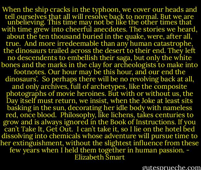 When the ship cracks in the typhoon, we cover our heads and tell ourselves that all will resolve back to normal. But we are unbelieving. This time may not be like the other times that with time grew into cheerful anecdotes. The stories we heard, about the ten thousand buried in the quake, were, after all, true.<br /><br />And more irredeemable than any human catastrophe, the dinosaurs trailed across the desert to their end. They left no descendents to embellish their saga, but only the white bones and the marks in the clay for archeologists to make into footnotes. Our hour may be this hour, and our end the dinosaurs’.<br /><br />So perhaps there will be no revolving back at all, and only archives, full of archetypes, like the composite photographs of movie heroines.<br />But with or without us, the Day itself must return, we insist, when the Joke at least sits basking in the sun, decorating her idle body with nameless red, once blood.<br /><br />Philosophy, like lichens, takes centuries to grow and is always ignored in the Book of Instructions. If you can’t Take It, Get Out.<br /><br />I can’t take it, so I lie on the hotel bed dissolving into chemicals whose adventure will pursue time to her extinguishment, without the slightest influence from these few years when I held them together in human passion. - Elizabeth Smart