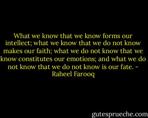 What we know that we know forms our intellect; what we know that we do not know makes our faith; what we do not know that we know constitutes our emotions; and what we do not know that we do not know is our fate. - Raheel Farooq