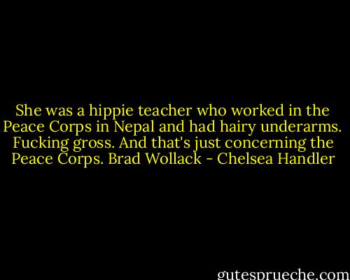 She was a hippie teacher who worked in the Peace Corps in Nepal and had hairy underarms. Fucking gross. And that's just concerning the Peace Corps. Brad Wollack - Chelsea Handler