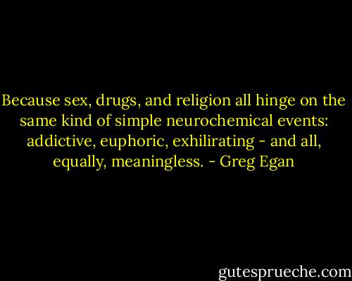 Because sex, drugs, and religion all hinge on the same kind of simple neurochemical events: addictive, euphoric, exhilirating - and all, equally, meaningless. - Greg Egan