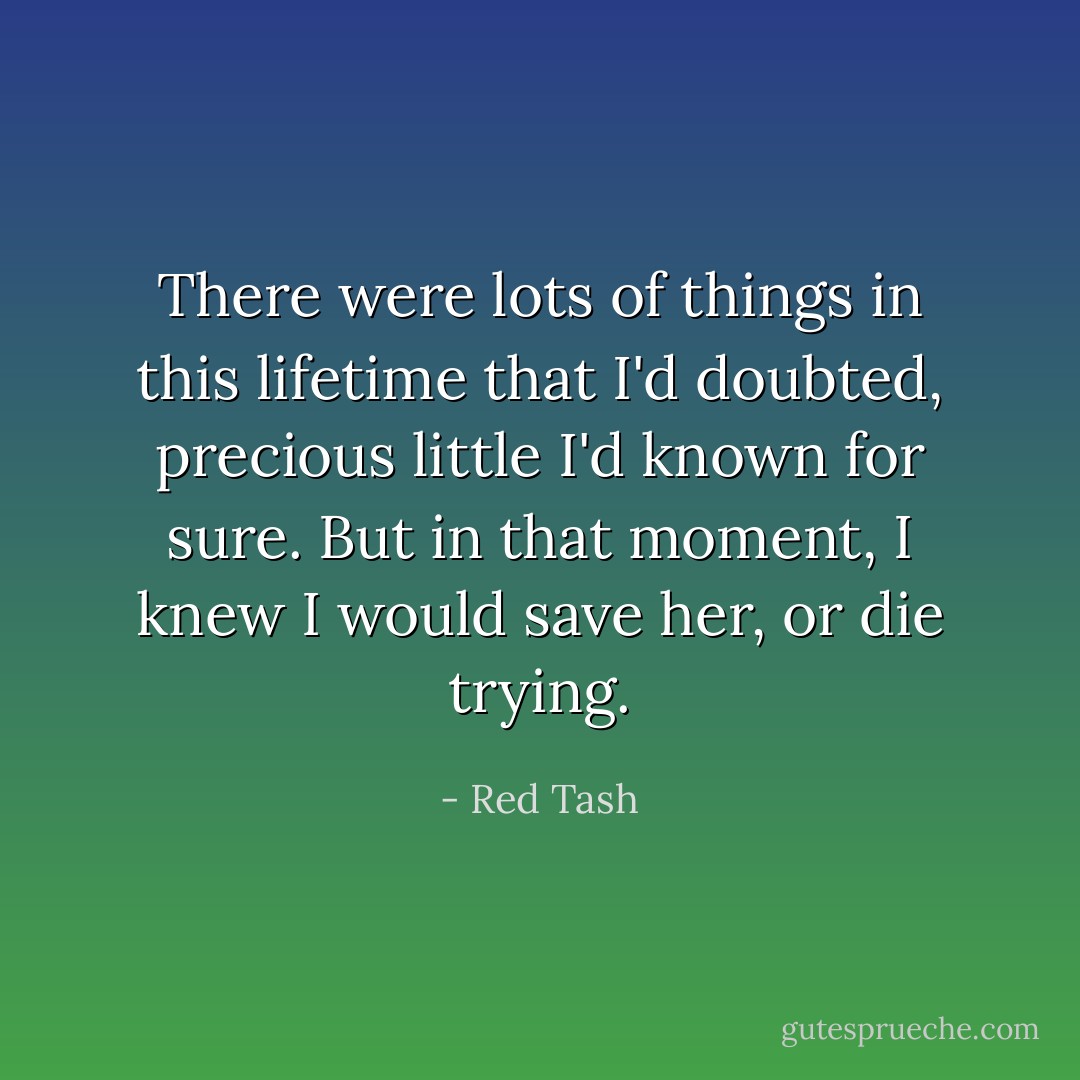 There were lots of things in this lifetime that I'd doubted, precious little I'd known for sure. But in that moment, I knew I would save her, or die trying. - Red Tash