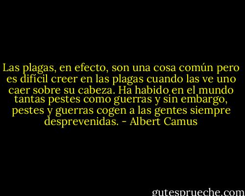 Las plagas, en efecto, son una cosa común pero es difícil creer en las plagas cuando las ve uno caer sobre su cabeza. Ha habido en el mundo tantas pestes como guerras y sin embargo, pestes y guerras cogen a las gentes siempre desprevenidas. - Albert Camus