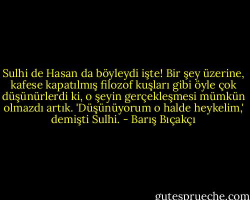 Sulhi de Hasan da böyleydi işte! Bir şey üzerine, kafese kapatılmış filozof kuşları gibi öyle çok düşünürlerdi ki, o şeyin gerçekleşmesi mümkün olmazdı artık. 'Düşünüyorum o halde heykelim,' demişti Sulhi. - Barış Bıçakçı