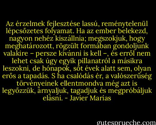 Az érzelmek fejlesztése lassú, reménytelenül lépcsőzetes folyamat. Ha az ember belekezd, nagyon nehéz kiszállnia; megszokjuk, hogy meghatározott, rögzült formában gondoljunk valakire – persze kívánni is kell –, és erről nem lehet csak úgy egyik pillanatról a másikra leszokni, de hónapok, sőt évek alatt sem, olyan erős a tapadás. S ha csalódás ér, a valószerűség törvényeinek ellentmondva még azt is legyőzzük, árnyaljuk, tagadjuk és megpróbáljuk elásni. - Javier Marías