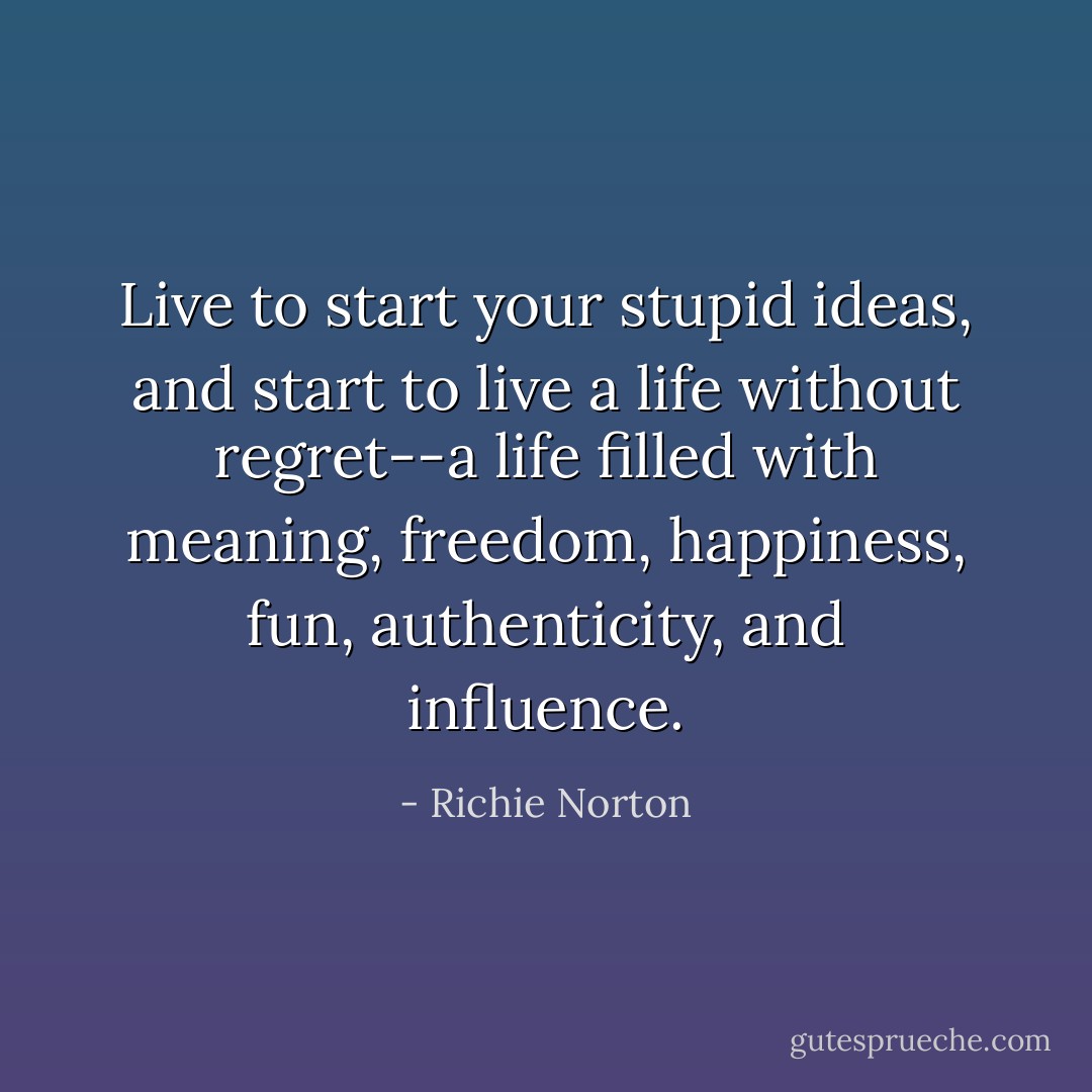 Live to start your stupid ideas, and start to live a life without regret--a life filled with meaning, freedom, happiness, fun, authenticity, and influence. - Richie Norton