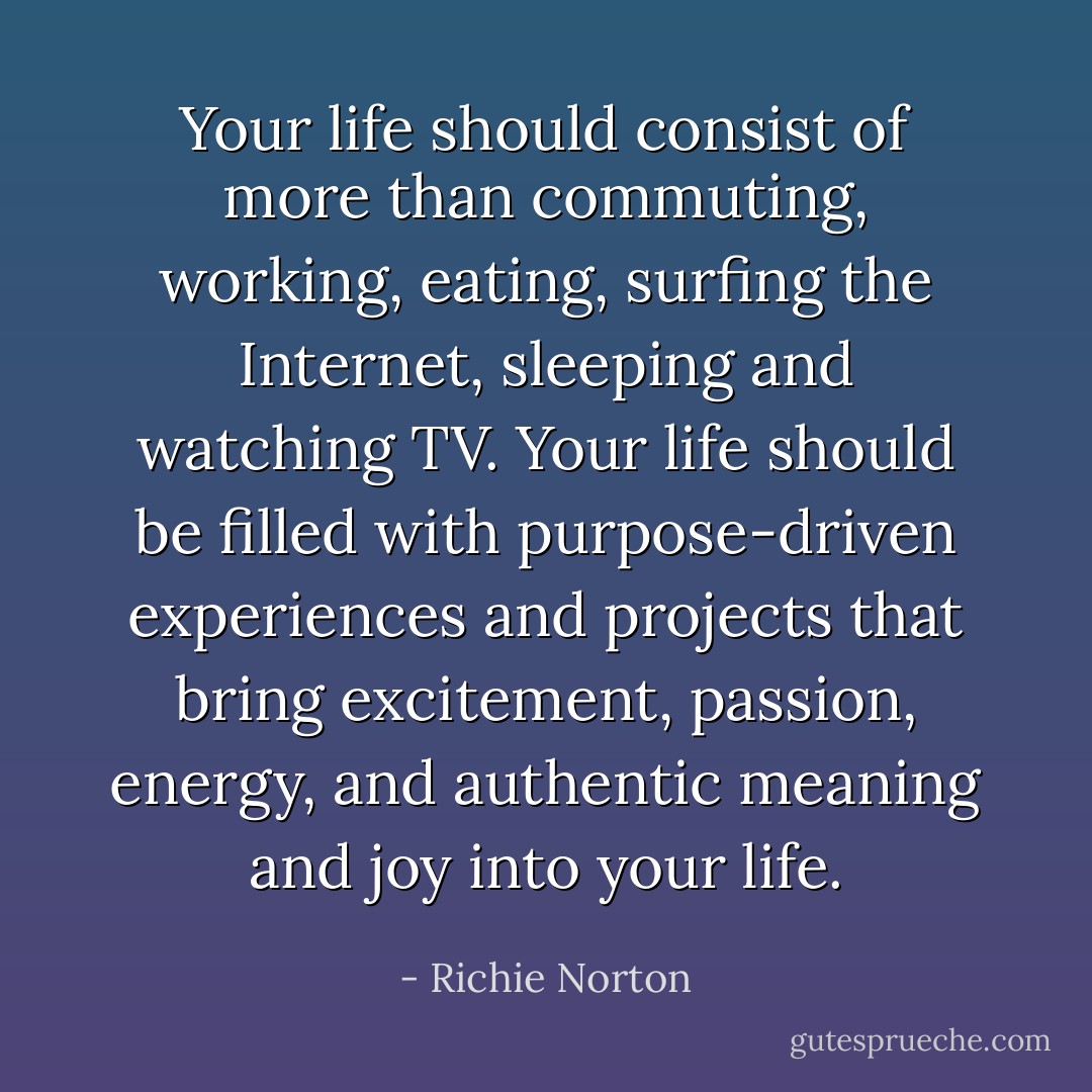 Your life should consist of more than commuting, working, eating, surfing the Internet, sleeping and watching TV. Your life should be filled with purpose-driven experiences and projects that bring excitement, passion, energy, and authentic meaning and joy into your life. - Richie Norton