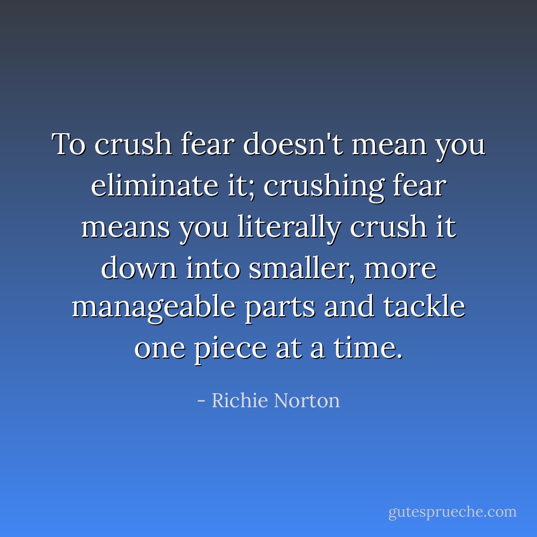 To crush fear doesn't mean you eliminate it; crushing fear means you literally crush it down into smaller, more manageable parts and tackle one piece at a time. - Richie Norton