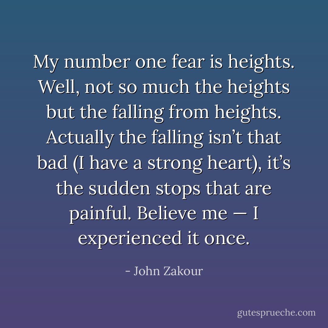 My number one fear is heights. Well, not so much the heights but the falling from heights. Actually the falling isn’t that bad (I have a strong heart), it’s the sudden stops that are painful. Believe me — I experienced it once. - John Zakour