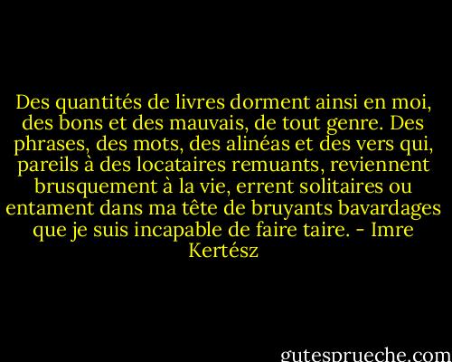 Des quantités de livres dorment ainsi en moi, des bons et des mauvais, de tout genre. Des phrases, des mots, des alinéas et des vers qui, pareils à des locataires remuants, reviennent brusquement à la vie, errent solitaires ou entament dans ma tête de bruyants bavardages que je suis incapable de faire taire. - Imre Kertész