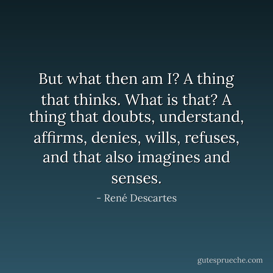But what then am I? A thing that thinks. What is that? A thing that doubts, understand, affirms, denies, wills, refuses, and that also imagines and senses. - René Descartes
