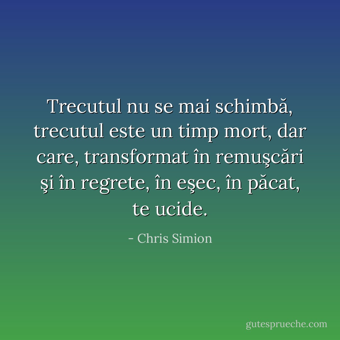 Trecutul nu se mai schimbă, trecutul este un timp mort, dar care, transformat în remuşcări şi în regrete, în eşec, în păcat, te ucide. - Chris Simion