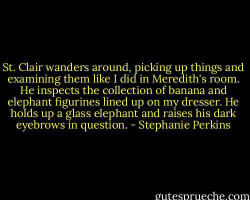 St. Clair wanders around, picking up things and examining them like I did in Meredith's room. He inspects the collection of banana and elephant figurines lined up on my dresser. He holds up a glass elephant and raises his dark eyebrows in question. - Stephanie Perkins