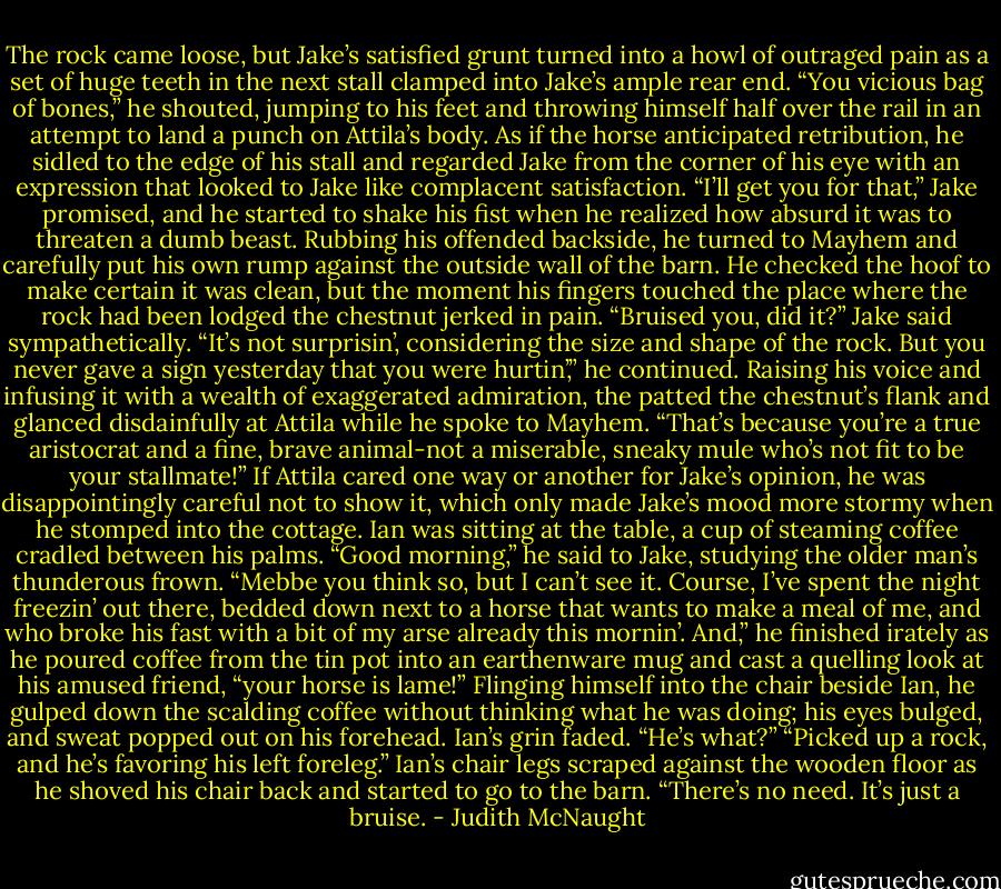 The rock came loose, but Jake’s satisfied grunt turned into a howl of outraged pain as a set of huge teeth in the next stall clamped into Jake’s ample rear end. “You vicious bag of bones,” he shouted, jumping to his feet and throwing himself half over the rail in an attempt to land a punch on Attila’s body. As if the horse anticipated retribution, he sidled to the edge of his stall and regarded Jake from the corner of his eye with an expression that looked to Jake like complacent satisfaction. “I’ll get you for that,” Jake promised, and he started to shake his fist when he realized how absurd it was to threaten a dumb beast.<br />Rubbing his offended backside, he turned to Mayhem and carefully put his own rump against the outside wall of the barn. He checked the hoof to make certain it was clean, but the moment his fingers touched the place where the rock had been lodged the chestnut jerked in pain. “Bruised you, did it?” Jake said sympathetically. “It’s not surprisin’, considering the size and shape of the rock. But you never gave a sign yesterday that you were hurtin’,” he continued. Raising his voice and infusing it with a wealth of exaggerated admiration, the patted the chestnut’s flank and glanced disdainfully at Attila while he spoke to Mayhem. “That’s because you’re a true aristocrat and a fine, brave animal-not a miserable, sneaky mule who’s not fit to be your stallmate!”<br />If Attila cared one way or another for Jake’s opinion, he was disappointingly careful not to show it, which only made Jake’s mood more stormy when he stomped into the cottage.<br />Ian was sitting at the table, a cup of steaming coffee cradled between his palms. “Good morning,” he said to Jake, studying the older man’s thunderous frown.<br />“Mebbe you think so, but I can’t see it. Course, I’ve spent the night freezin’ out there, bedded down next to a horse that wants to make a meal of me, and who broke his fast with a bit of my arse already this mornin’. And,” he finished irately as he poured coffee from the tin pot into an earthenware mug and cast a quelling look at his amused friend, “your horse is lame!” Flinging himself into the chair beside Ian, he gulped down the scalding coffee without thinking what he was doing; his eyes bulged, and sweat popped out on his forehead.<br />Ian’s grin faded. “He’s what?”<br />“Picked up a rock, and he’s favoring his left foreleg.”<br />Ian’s chair legs scraped against the wooden floor as he shoved his chair back and started to go to the barn.<br />“There’s no need. It’s just a bruise. - Judith McNaught