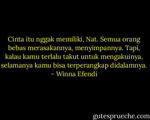 Cinta itu nggak memiliki, Nat. Semua orang bebas merasakannya, menyimpannya. Tapi, kalau kamu terlalu takut untuk mengakuinya, selamanya kamu bisa terperangkap didalamnya. - Winna Efendi