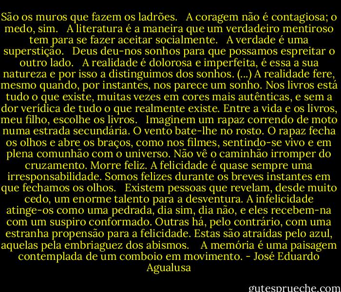 São os muros que fazem os ladrões.<br /> <br />A coragem não é contagiosa; o medo, sim.<br /> <br />A literatura é a maneira que um verdadeiro mentiroso tem para se fazer aceitar socialmente.<br /> <br />A verdade é uma superstição.<br /> <br />Deus deu-nos sonhos para que possamos espreitar o outro lado.<br /> <br />A realidade é dolorosa e imperfeita, é essa a sua natureza e por isso a distinguimos dos sonhos. (...) A realidade fere, mesmo quando, por instantes, nos parece um sonho. Nos livros está tudo o que existe, muitas vezes em cores mais autênticas, e sem a dor verídica de tudo o que realmente existe. Entre a vida e os livros, meu filho, escolhe os livros.<br /> <br />Imaginem um rapaz correndo de moto numa estrada secundária. O vento bate-lhe no rosto. O rapaz fecha os olhos e abre os braços, como nos filmes, sentindo-se vivo e em plena comunhão com o universo. Não vê o caminhão irromper do cruzamento. Morre feliz. A felicidade é quase sempre uma irresponsabilidade. Somos felizes durante os breves instantes em que fechamos os olhos.<br /> <br />Existem pessoas que revelam, desde muito cedo, um enorme talento para a desventura. A infelicidade atinge-os como uma pedrada, dia sim, dia não, e eles recebem-na com um suspiro conformado. Outras há, pelo contrário, com uma estranha propensão para a felicidade. Estas são atraídas pelo azul, aquelas pela embriaguez dos abismos. <br /> <br />A memória é uma paisagem contemplada de um comboio em movimento. - José Eduardo Agualusa