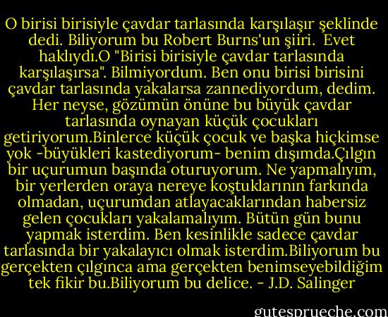 O birisi birisiyle çavdar tarlasında karşılaşır şeklinde dedi. Biliyorum bu Robert Burns'un şiiri.<br /><br />Evet haklıydı.O "Birisi birisiyle çavdar tarlasında karşılaşırsa". Bilmiyordum. Ben onu birisi birisini çavdar tarlasında yakalarsa zannediyordum, dedim. Her neyse, gözümün önüne bu büyük çavdar tarlasında oynayan küçük çocukları getiriyorum.Binlerce küçük çocuk ve başka hiçkimse yok -büyükleri kastediyorum- benim dışımda.Çılgın bir uçurumun başında oturuyorum. Ne yapmalıyım, bir yerlerden oraya nereye koştuklarının farkında olmadan, uçurumdan atlayacaklarından habersiz gelen çocukları yakalamalıyım. Bütün gün bunu yapmak isterdim. Ben kesinlikle sadece çavdar tarlasında bir yakalayıcı olmak isterdim.Biliyorum bu gerçekten çılgınca ama gerçekten benimseyebildiğim tek fikir bu.Biliyorum bu delice. - J.D. Salinger