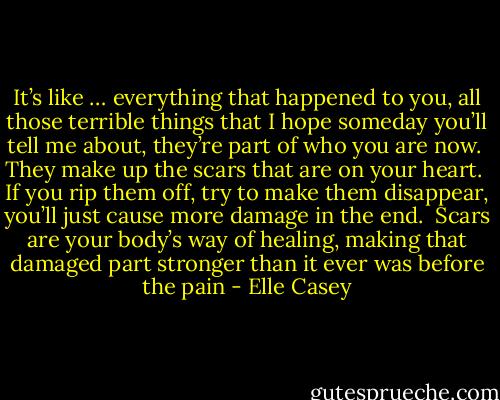 It’s like … everything that happened to you, all those terrible things that I hope someday you’ll tell me about, they’re part of who you are now.  They make up the scars that are on your heart.  If you rip them off, try to make them disappear, you’ll just cause more damage in the end.  Scars are your body’s way of healing, making that damaged part stronger than it ever was before the pain - Elle Casey