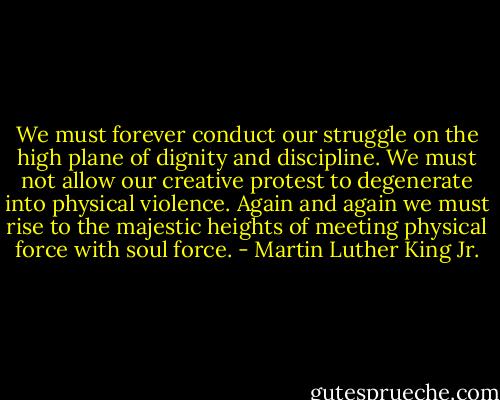 We must forever conduct our struggle on the high plane of dignity and discipline. We must not allow our creative protest to degenerate into physical violence. Again and again we must rise to the majestic heights of meeting physical force with soul force. - Martin Luther King Jr.