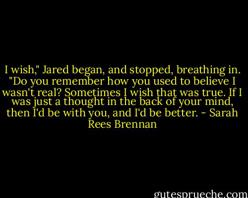 I wish," Jared began, and stopped, breathing in. "Do you remember how you used to believe I wasn't real? Sometimes I wish that was true. If I was just a thought in the back of your mind, then I'd be with you, and I'd be better. - Sarah Rees Brennan