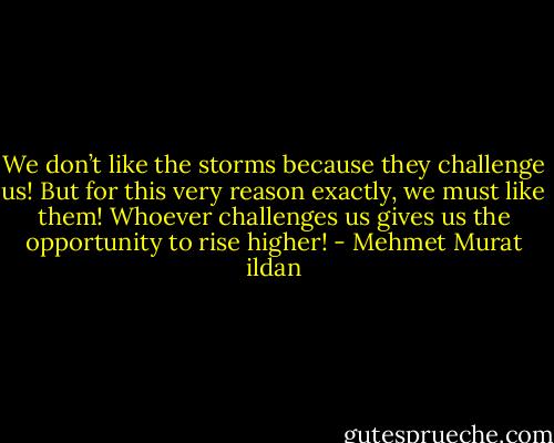 We don’t like the storms because they challenge us! But for this very reason exactly, we must like them! Whoever challenges us gives us the opportunity to rise higher! - Mehmet Murat ildan