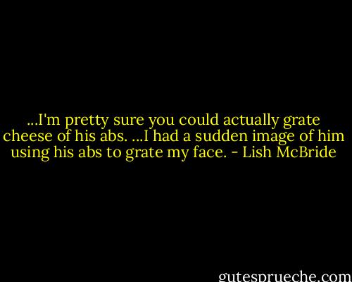 ...I'm pretty sure you could actually grate cheese of his abs.<br />...I had a sudden image of him using his abs to grate my face. - Lish McBride