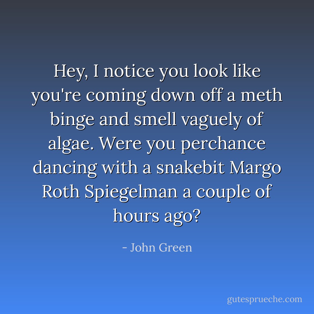 Hey, I notice you look like you're coming down off a meth binge and smell vaguely of algae. Were you perchance dancing with a snakebit Margo Roth Spiegelman a couple of hours ago? - John Green
