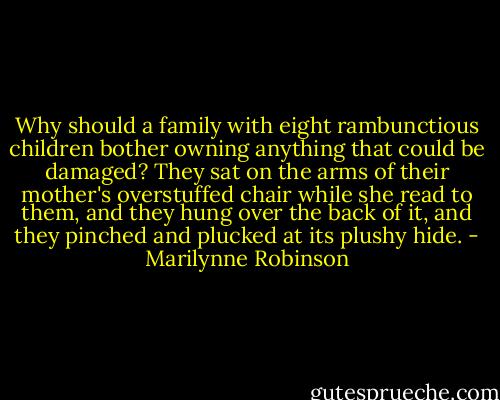 Why should a family with eight rambunctious children bother owning anything that could be damaged? They sat on the arms of their mother's overstuffed chair while she read to them, and they hung over the back of it, and they pinched and plucked at its plushy hide. - Marilynne Robinson