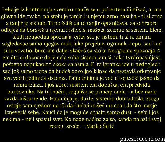 Lekcije iz kontriranja svemiru nauče se u pubertetu ili nikad, a ona glavna ide ovako: na stolu je tanjir i u njemu zrno pasulja - ti si zrno a tanjir je sistem. Ti ne želiš da te tanjir ograničava, zato hrabro odbiješ da boraviš u njemu i iskočiš; mašala, zeznuo si sistem. Elem, sledi neugodna spoznaja: čitav sto je sistem, ti si iz tanjira sagledavao samo njegov mali, lako prejebivi ogranak. Lepo, sad kad si to shvatio, bunt ide dalje: skačeš sa stola. Neugodna spoznaja 2: em što si doznao da je cela soba sistem, em si, tako tvrdopasuljast, pošteno napukao od skoka sa astala. E, ta igranka ide u nedogled i sad još samo treba da budeš dovoljno klinac da nastaviš otkrivanje sve većih jedinica sistema. Pametnijima je već u toj tački jasno da nema izlaza. I još gore: sesitem em dopušta, em predviđa buntovnike. Na taj način, reguliše se princip nade - a bez nade vazda ništa ne ide. Hajdučija je, dakle, sistemu dobrodošla. Stoga ostaje samo jedno: nauči da funkcionišeš unutra i da što manje izneveriš sebe. Nauči da je moguće spasiti samo dušu - sebi i još nekima - ne i spasiti svet. Ko nađe načina za to, kanda nalazi i svoj recept sreće. - Marko Šelić