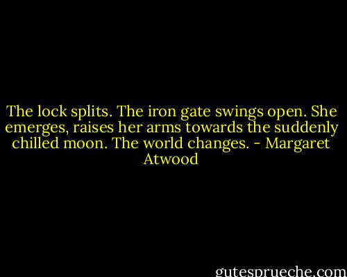 The lock splits. The iron gate swings open. She emerges, raises her arms towards the suddenly chilled moon. The world changes. - Margaret Atwood