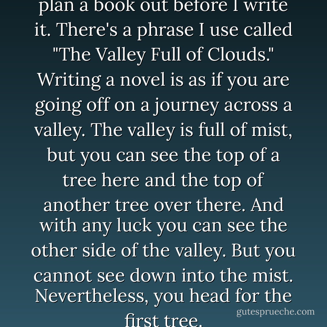 I certainly don't sit down and plan a book out before I write it. There's a phrase I use called "The Valley Full of Clouds." Writing a novel is as if you are going off on a journey across a valley. The valley is full of mist, but you can see the top of a tree here and the top of another tree over there. And with any luck you can see the other side of the valley. But you cannot see down into the mist. Nevertheless, you head for the first tree. - Terry Pratchett