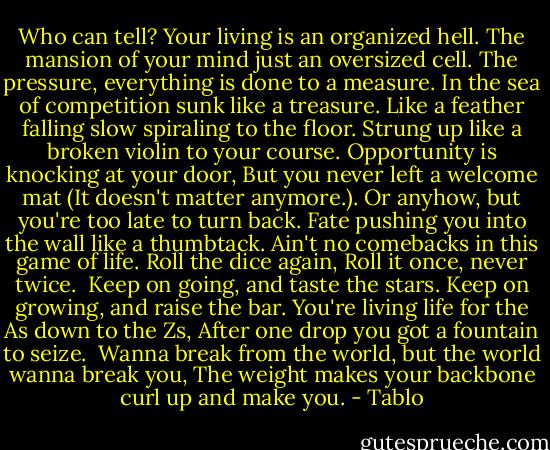 Who can tell?<br />Your living is an organized hell.<br />The mansion of your mind just an oversized cell.<br />The pressure, everything is done to a measure.<br />In the sea of competition sunk like a treasure.<br />Like a feather falling slow spiraling to the floor.<br />Strung up like a broken violin to your course.<br />Opportunity is knocking at your door,<br />But you never left a welcome mat (It doesn't matter anymore.).<br />Or anyhow, but you're too late to turn back.<br />Fate pushing you into the wall like a thumbtack.<br />Ain't no comebacks in this game of life.<br />Roll the dice again,<br />Roll it once, never twice.<br /><br />Keep on going, and taste the stars.<br />Keep on growing, and raise the bar.<br />You're living life for the As down to the Zs,<br />After one drop you got a fountain to seize.<br /><br />Wanna break from the world, but the world wanna break you,<br />The weight makes your backbone curl up and make you. - Tablo