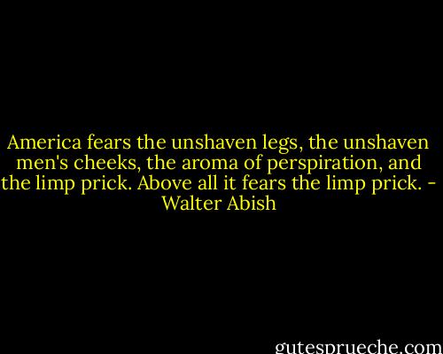 America fears the unshaven legs, the unshaven men's cheeks, the aroma of perspiration, and the limp prick. Above all it fears the limp prick. - Walter Abish