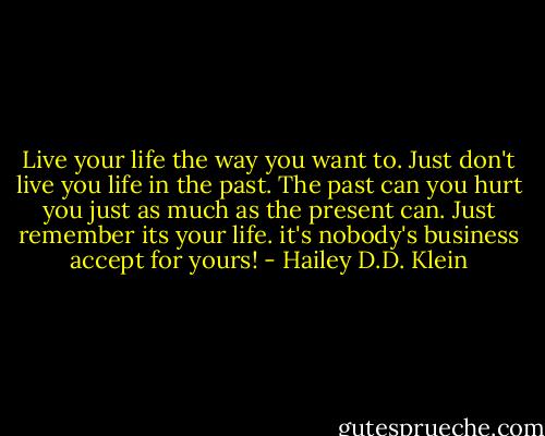 Live your life the way you want to. Just don't live you life in the past. The past can you hurt you just as much as the present can. Just remember its your life. it's nobody's business accept for yours! - Hailey D.D. Klein