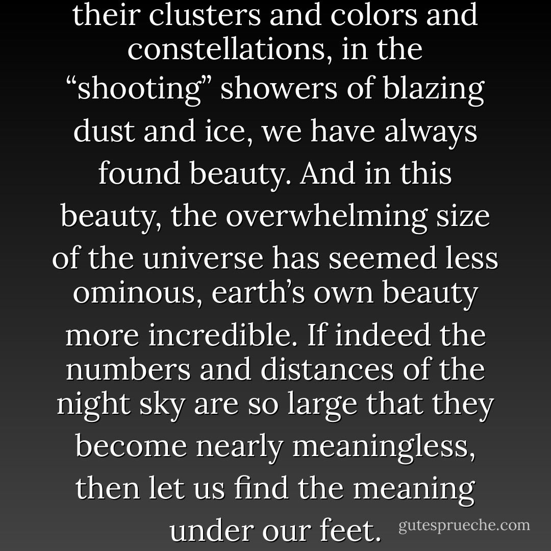 In these countless stars, in their clusters and colors and constellations, in the “shooting” showers of blazing dust and ice, we have always found beauty. And in this beauty, the overwhelming size of the universe has seemed less ominous, earth’s own beauty more incredible. If indeed the numbers and distances of the night sky are so large that they become nearly meaningless, then let us find the meaning under our feet. - Paul Bogard