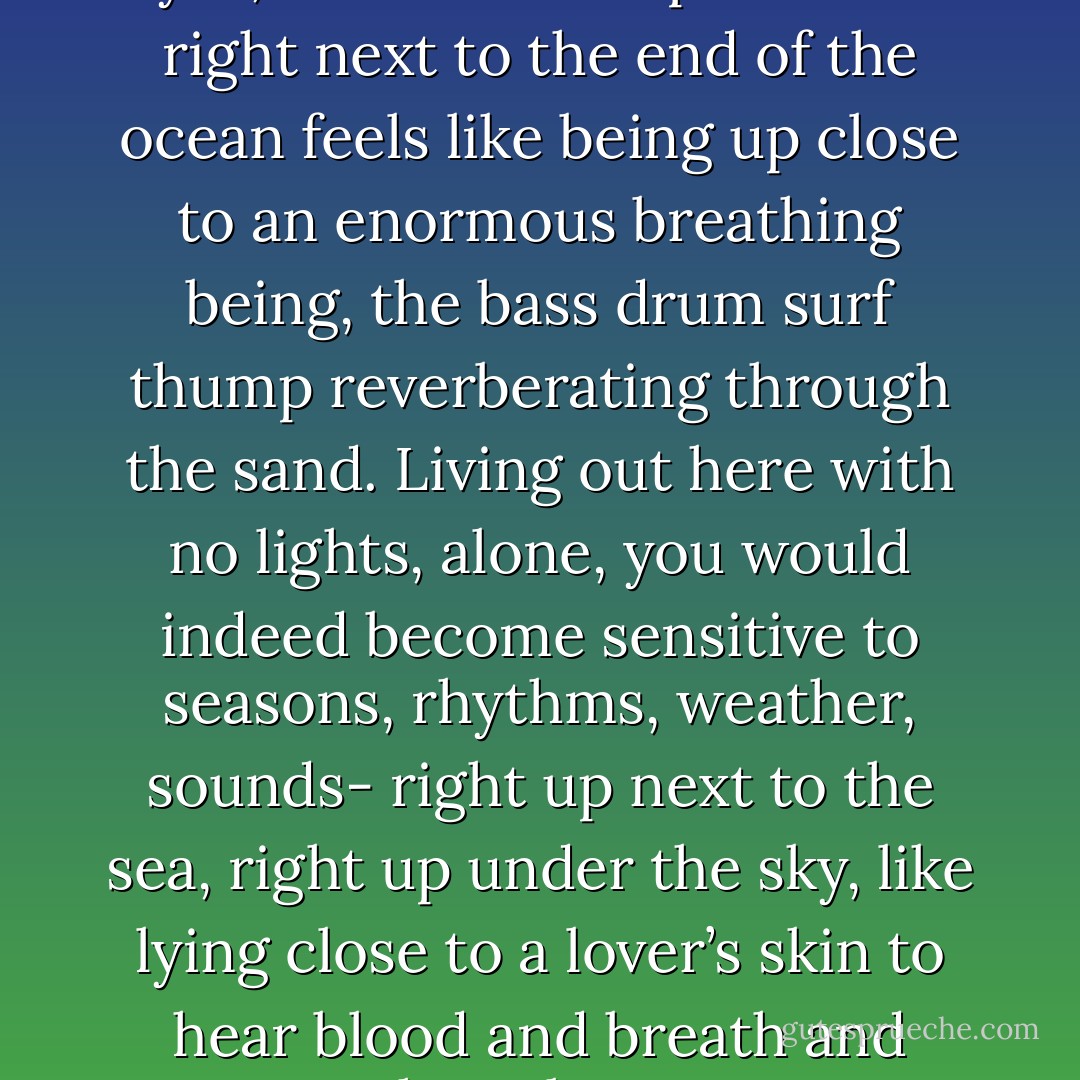 When I lie back and close my eyes, this farthest lip of beach right next to the end of the ocean feels like being up close to an enormous breathing being, the bass drum surf thump reverberating through the sand. Living out here with no lights, alone, you would indeed become sensitive to seasons, rhythms, weather, sounds- right up next to the sea, right up under the sky, like lying close to a lover’s skin to hear blood and breath and heartbeat. - Paul Bogard
