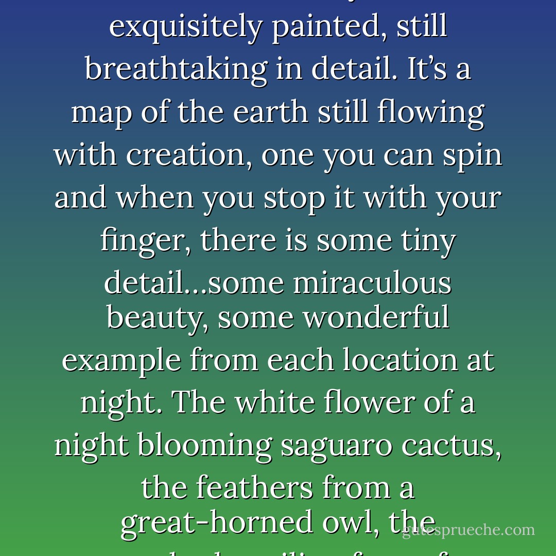 I linger near Galileo’s telescopes, then round the corner and stand transfixed: I did not expect this- a dark, cool room full of globes of the night sky from the seventeenth, eighteenth, and nineteenth centuries. <i>Globo celeste</i>, they are called in Italian: ‘celestial globe,’ maps of the night sky… I imagine him making another <i>globo celeste</i>, this one smaller, yet still exquisitely painted, still breathtaking in detail. It’s a map of the earth still flowing with creation, one you can spin and when you stop it with your finger, there is some tiny detail…some miraculous beauty, some wonderful example from each location at night. The white flower of a night blooming saguaro cactus, the feathers from a great-horned owl, the crunched, smiling face of a particular bat- here, I’m spinning it, I stop it at in the north, where I want there to be something still- he’s painted the black-and-white feathers of a loon…or a globe of night sounds, so that by touching your location you hear the night there- the cricket song, the ocean surf, the frog mating calls. - Paul Bogard