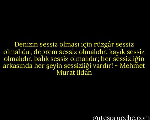 Denizin sessiz olması için rüzgâr sessiz olmalıdır, deprem sessiz olmalıdır, kayık sessiz olmalıdır, balık sessiz olmalıdır; her sessizliğin arkasında her şeyin sessizliği vardır! - Mehmet Murat ildan