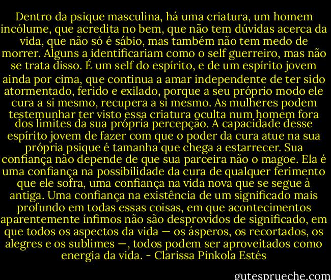 Dentro da psique masculina, há uma criatura, um homem incólume, que acredita no bem, que não tem dúvidas acerca da vida, que não só é sábio, mas também não tem medo de morrer. Alguns a identificariam como o self guerreiro, mas não se trata disso. É um self do espírito, e de um espírito jovem ainda por cima, que continua a amar independente de ter sido atormentado, ferido e exilado, porque a seu<br />próprio modo ele cura a si mesmo, recupera a si mesmo. As mulheres podem testemunhar ter visto essa criatura oculta num homem fora dos limites da sua própria percepção. A capacidade desse espírito jovem de fazer com que o poder da cura atue na sua própria psique é tamanha que chega a<br />estarrecer. Sua confiança não depende de que sua parceira não o magoe. Ela é uma confiança na possibilidade da cura de qualquer ferimento que ele sofra, uma<br />confiança na vida nova que se segue à antiga. Uma confiança na existência de um significado mais profundo em todas essas coisas, em que acontecimentos aparentemente ínfimos não são desprovidos de significado, em que todos os aspectos da vida — os ásperos, os recortados, os alegres e os sublimes —, todos podem ser aproveitados como energia da vida. - Clarissa Pinkola Estés
