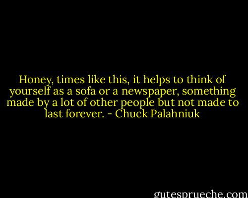 Honey, times like this, it helps to think of yourself as a sofa or a newspaper, something made by a lot of other people but not made to last forever. - Chuck Palahniuk