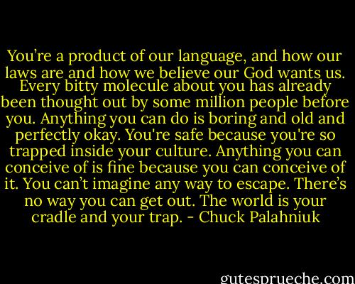You’re a product of our language, and how our laws are and how we believe our God wants us. Every bitty molecule about you has already been thought out by some million people before you. Anything you can do is boring and old and perfectly okay. You're safe because you're so trapped inside your culture. Anything you can conceive of is fine because you can conceive of it. You can’t imagine any way to escape. There’s no way you can get out.<br />The world is your cradle and your trap. - Chuck Palahniuk