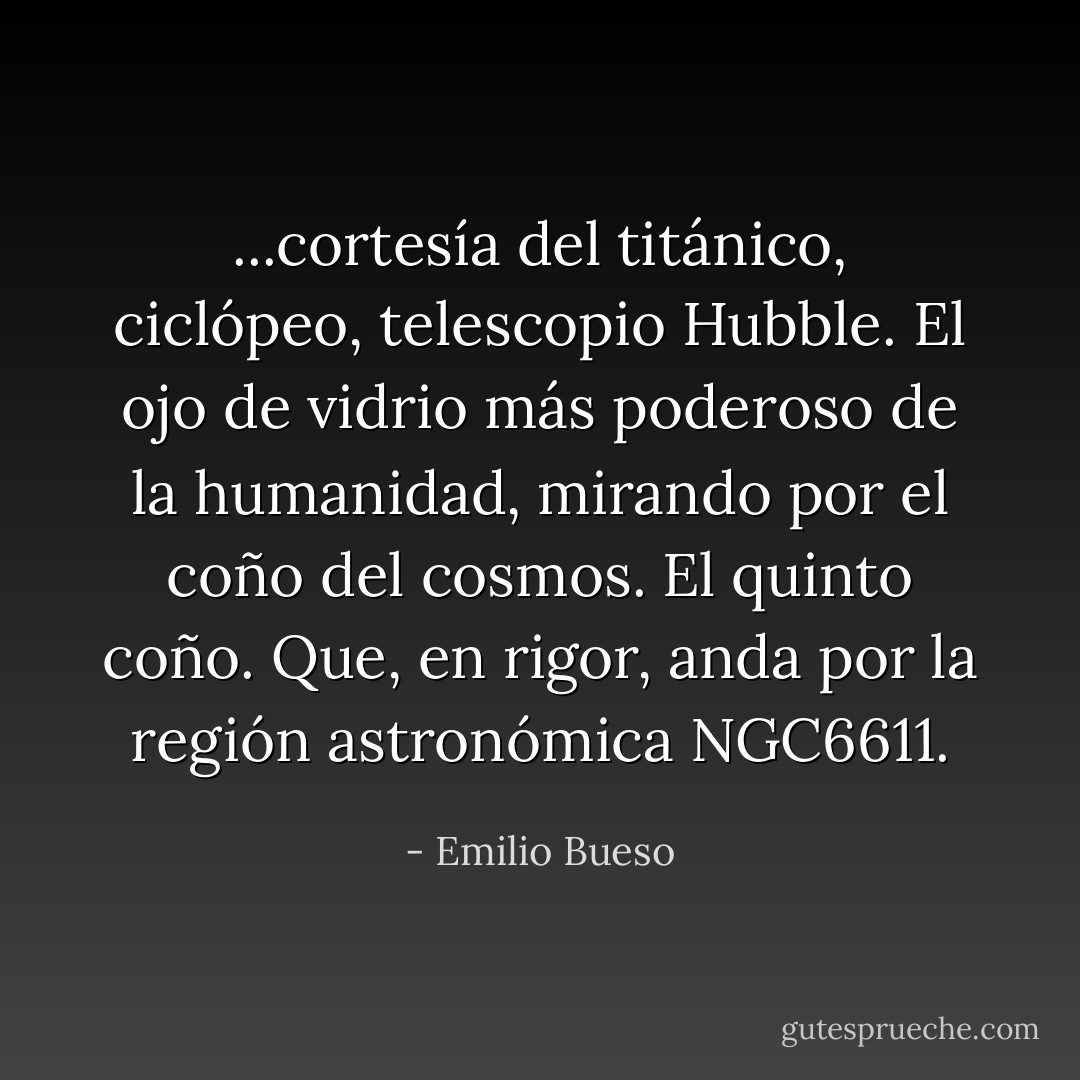 ...cortesía del titánico, ciclópeo, telescopio Hubble. El ojo de vidrio más poderoso de la humanidad, mirando por el coño del cosmos. El quinto coño. Que, en rigor, anda por la región astronómica NGC6611. - Emilio Bueso