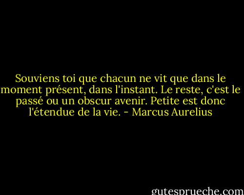 Souviens toi que chacun ne vit que dans le moment présent, dans l'instant. Le reste, c'est le passé ou un obscur avenir. Petite est donc l'étendue de la vie. - Marcus Aurelius