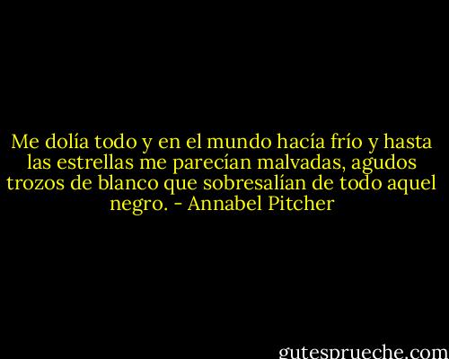 Me dolía todo y en el mundo hacía frío y hasta las estrellas me parecían malvadas, agudos trozos de blanco que sobresalían de todo aquel negro. - Annabel Pitcher