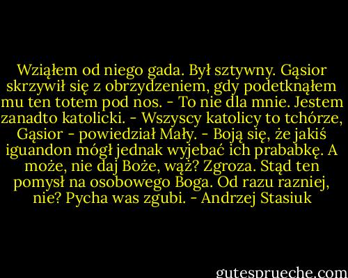 Wziąłem od niego gada. Był sztywny. Gąsior skrzywił się z obrzydzeniem, gdy podetknąłem mu ten totem pod nos.<br />- To nie dla mnie. Jestem zanadto katolicki.<br />- Wszyscy katolicy to tchórze, Gąsior - powiedział Mały.<br />- Boją się, że jakiś iguandon mógł jednak wyjebać ich prababkę. A może, nie daj Boże, wąż? Zgroza. Stąd ten pomysł na osobowego Boga. Od razu razniej, nie? Pycha was zgubi. - Andrzej Stasiuk