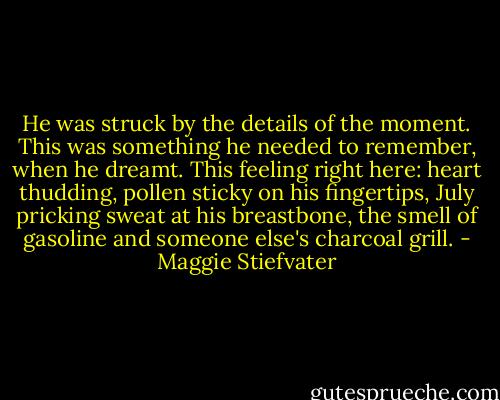He was struck by the details of the moment. This was something he needed to remember, when he dreamt. This feeling right here: heart thudding, pollen sticky on his fingertips, July pricking sweat at his breastbone, the smell of gasoline and someone else's charcoal grill. - Maggie Stiefvater