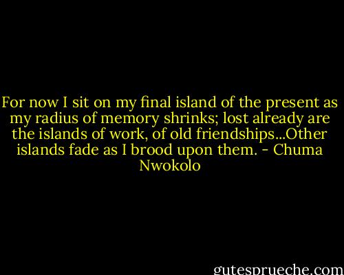 For now I sit on my final island of the present as my radius of memory shrinks; lost already are the islands of work, of old friendships...Other islands fade as I brood upon them. - Chuma Nwokolo