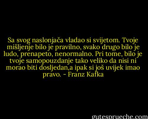 Sa svog naslonjača vladao si svijetom. Tvoje mišljenje bilo je pravilno, svako drugo bilo je ludo, prenapeto, nenormalno. Pri tome, bilo je tvoje samopouzdanje tako veliko da nisi ni morao biti dosljedan,a ipak si još uvijek imao pravo. - Franz Kafka